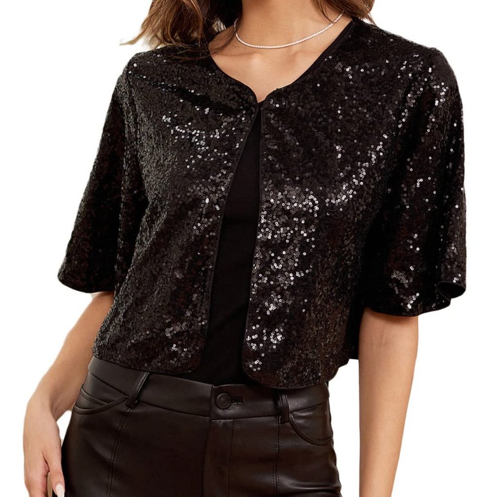 Kate Kasin Sequin cropped flouncy sleeve bolero jacket/shrug.